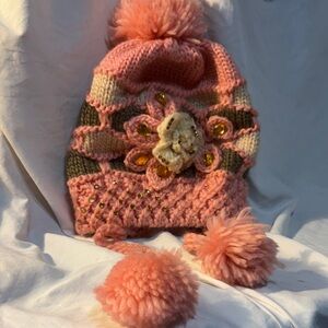 Pink and Brown  Knitted Beanie with Pom Poms